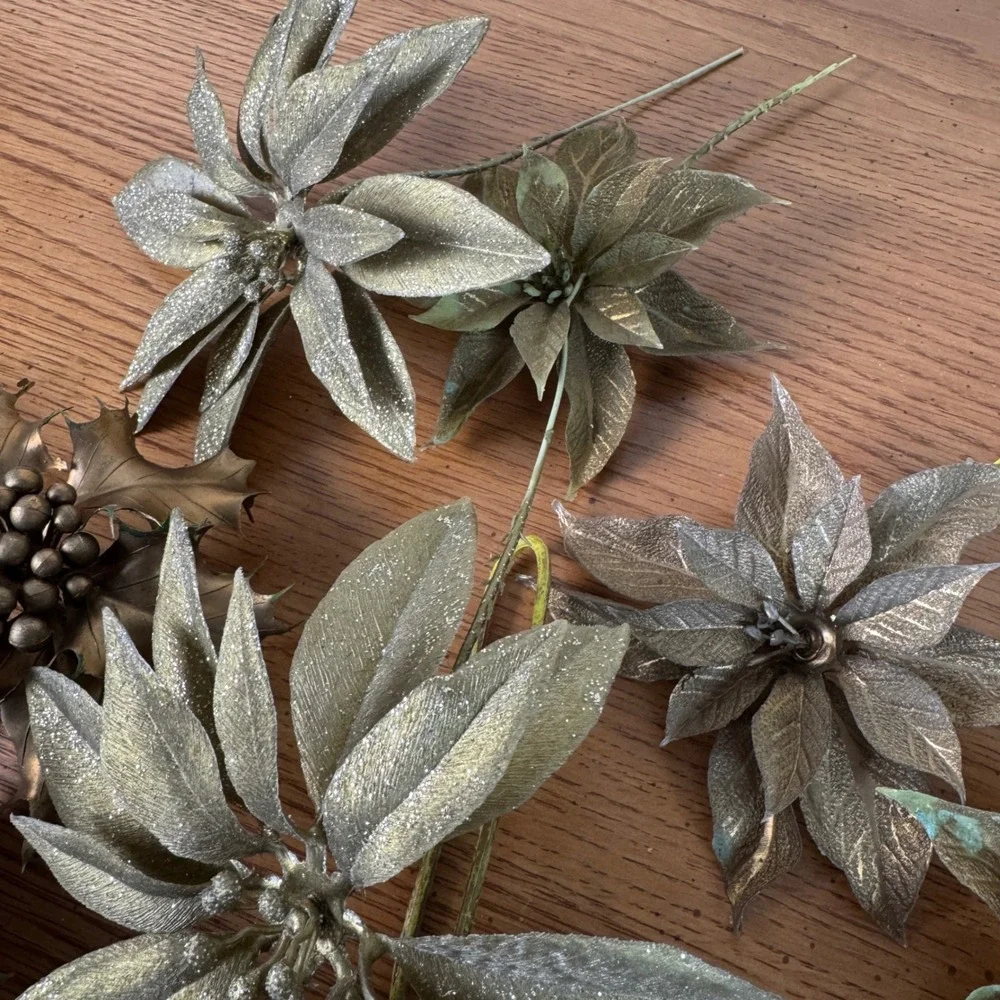Vintage Metallic Gold‎ Artificial Poinsettia Holly Berry Picks Christmas Decor